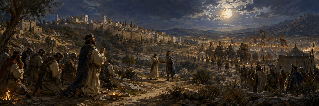 Judas and his soldiers pray before a night advance as later envoys establish peace outside Jerusalem